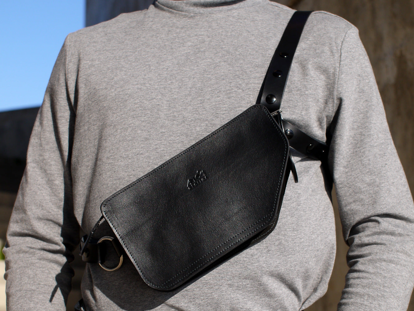 black leather harness backpack HARNESS BAG PENTA / Total Black – Artém Atelier